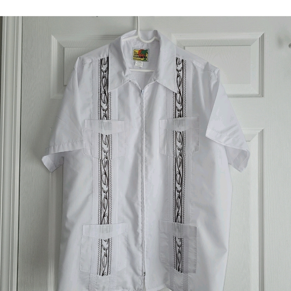 Vintage Haband Guayabera Zip Embroidered Pockets Shirt Vacation Tropical XL